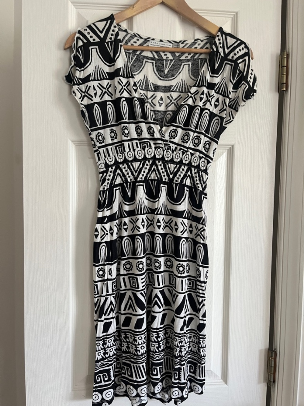 Vintage Zara Black & White Tribal-Print Midi Dress